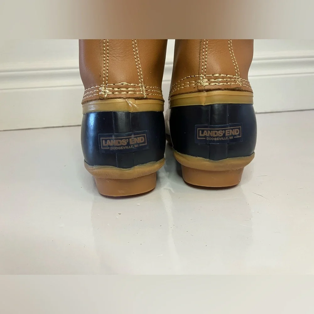 Lands’ End Women’s Size 7 Duck Boots Black Tan Flannel Lined - Picture 5 of 13